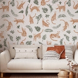 Living room with Wall Blush SG02's RAWR (White) Wallpaper featuring a playful tiger pattern.
