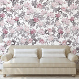 Beige sofa in a living room featuring Wall Blush SG02 Secret Garden (White) floral wallpaper focus.
