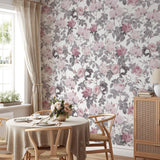 "Secret Garden (White) Wallpaper by Wall Blush in a beautifully decorated dining room, showcasing floral elegance."