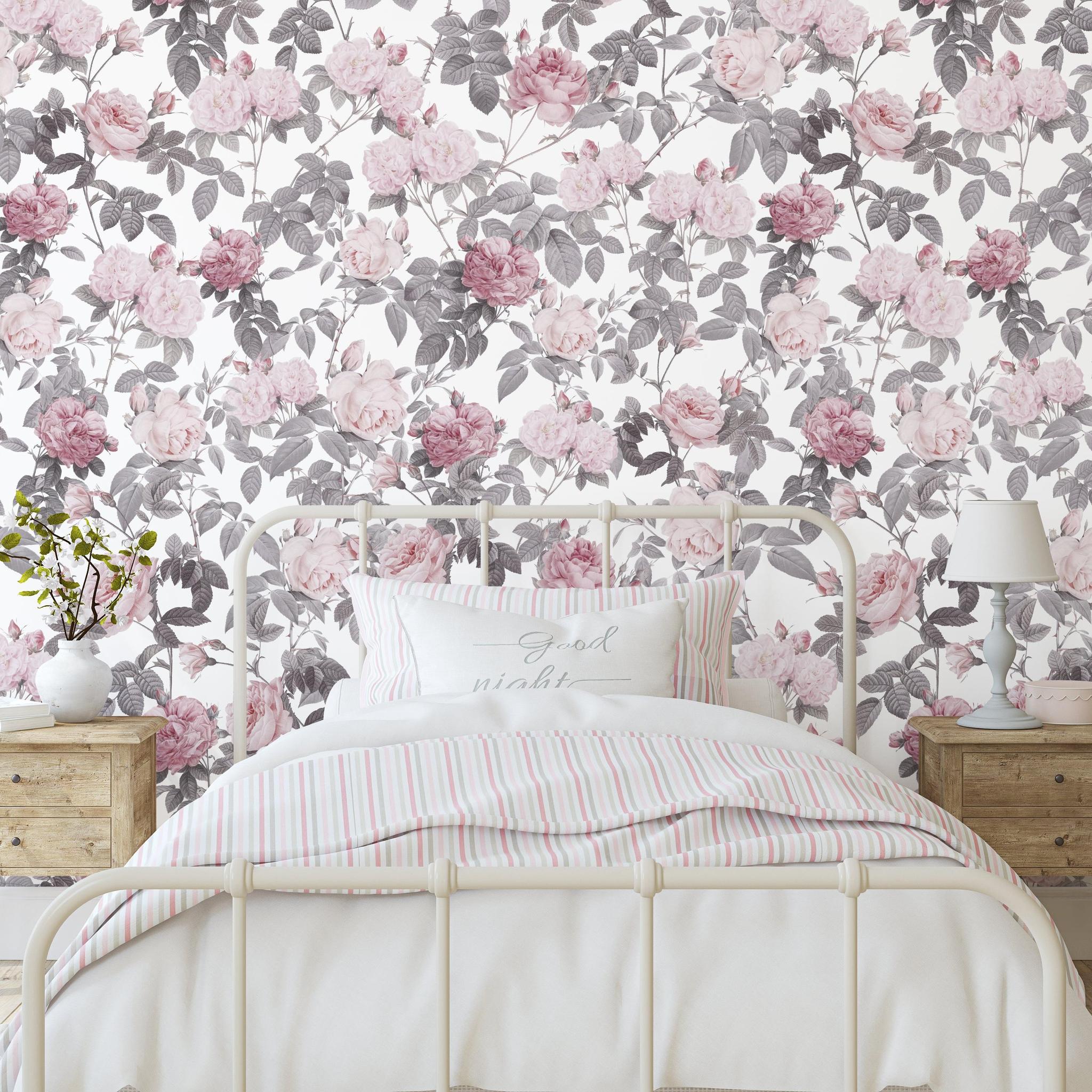 Wall Blush SG02 Secret Garden (White) Wallpaper in a cozy bedroom setting with floral design focus.
