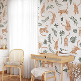"Wall Blush RAWR (White) Wallpaper in stylish home office, tiger pattern focus"