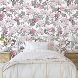 Wall Blush SG02 Secret Garden (White) Wallpaper in a cozy bedroom setting with floral design focus.
