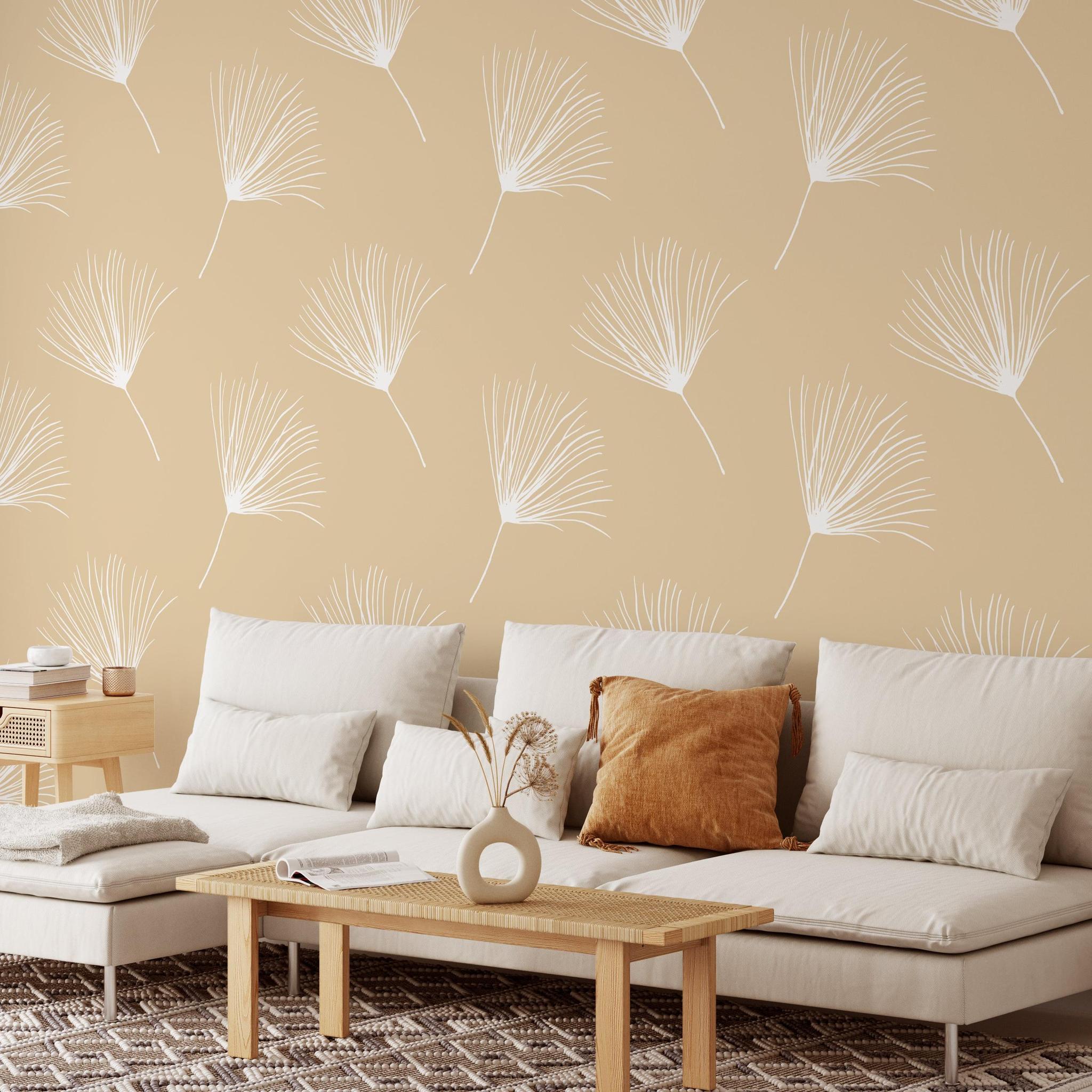 Wish Wallpaper by The Minty Line in a modern living room with stylish beige botanical design.
