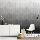 "Woods Wallpaper by Wall Blush adorning a modern home office with stylish décor, highlighting the serene forest pattern."