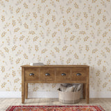"Lottie Wallpaper by Wall Blush in living room with floral design focus, rustic console table accent"