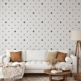"Wall Blush 'You + Me Wallpaper' in a cozy living room setting, highlighting the stylish wall decor focus."